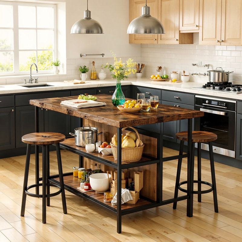 Grondin 47.24" Iron Kitchen Island Set, Rustic Brown