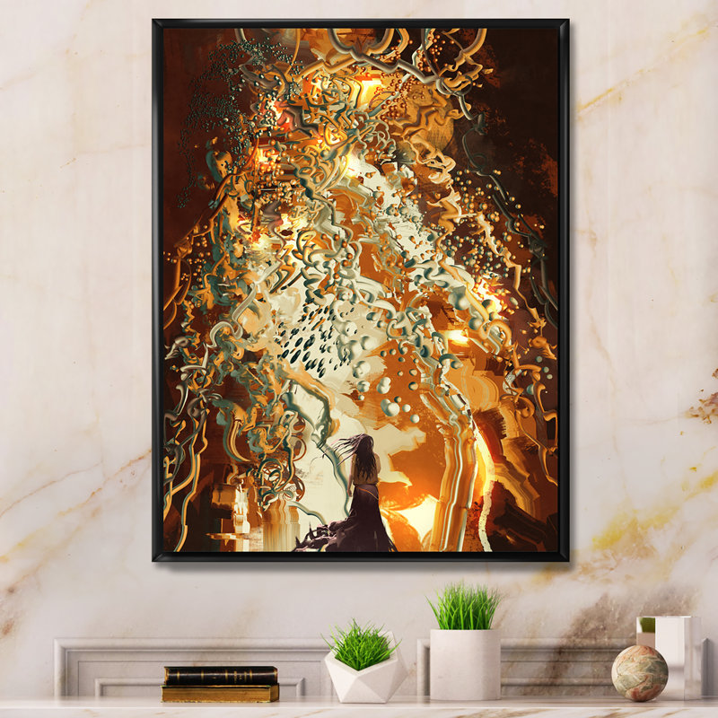 " Video Game Woman With Life Tree ", 40" H x 30" W, Black Floater Framed