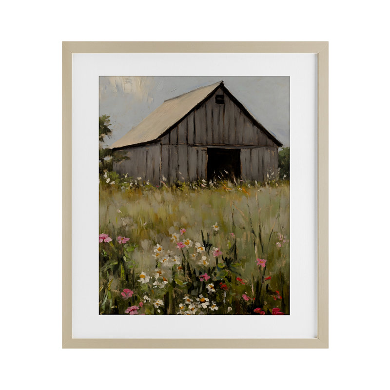 «Old Floral Barn View», reproduction encadrée sous verre, conception de Franklyn Gregory, Cadre de récolte en pin