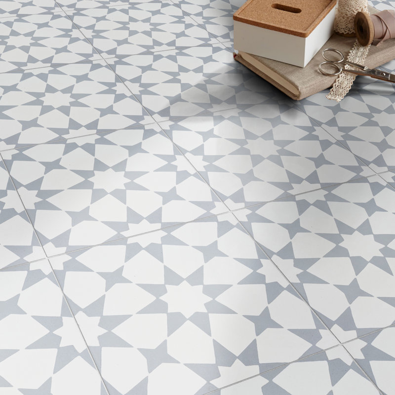 Medina 8" x 8" Cement Patterned Wall & Floor Tile, White/Gray