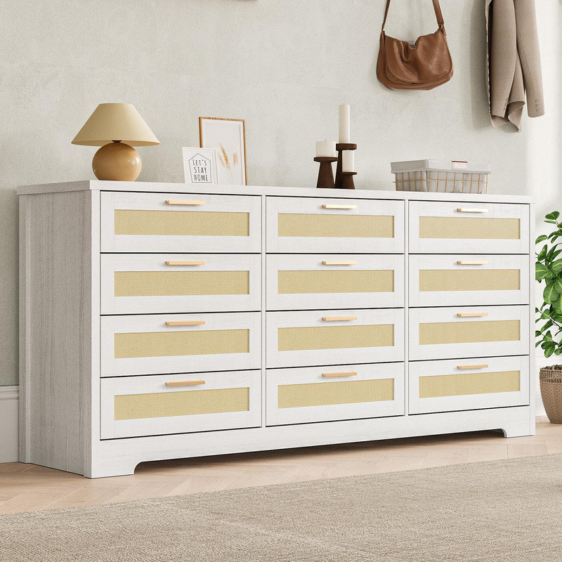 Commode 12 tiroirs en rotin - Commode blanche moderne pour chambre à coucher, placard, salon et couloir, Blanc