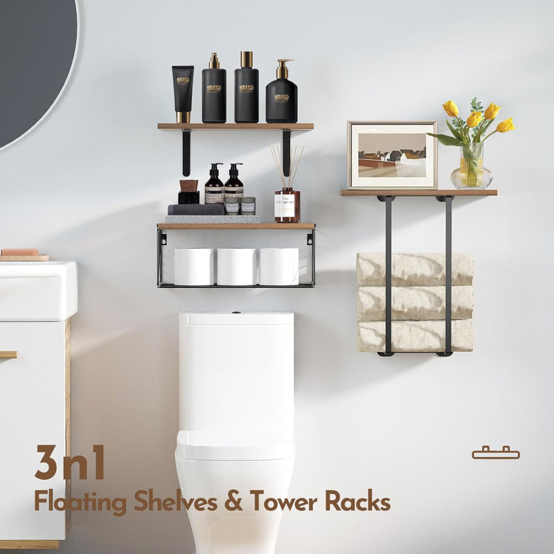 Floating Shelves with Wire Storage Basket, Brown