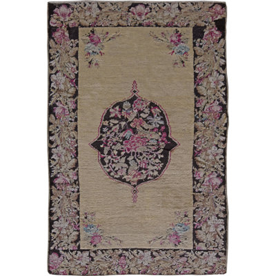 Tapis beige / brun en laine fait à la main 4 pi x 6 pi 3 po Karabagh