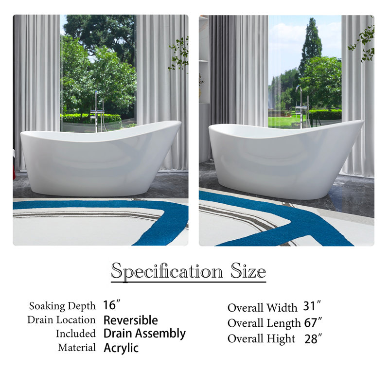 67-Inch Gloss White Acrylic Freestanding Soaking Bathtub