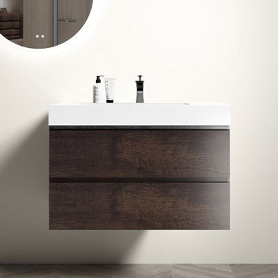 Meuble-lavabo en noyer avec évier 36 po - Grand rangement, lisse et silencieux, moderne, évier avec poignée