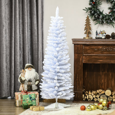 Arbre de Noël artificiel blanc 5 pi avec neige, crayon - branches réalistes, ignifuge, base en plastique, assemblage facile pour arbre floqué intérieur, branche, utilisation