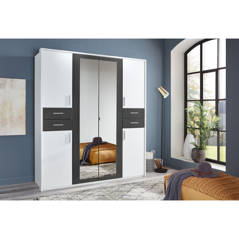 Jaclynn Manufactured Wood Wardrobe, White/Graphite, 208cm H x 180cm W x 58cm D