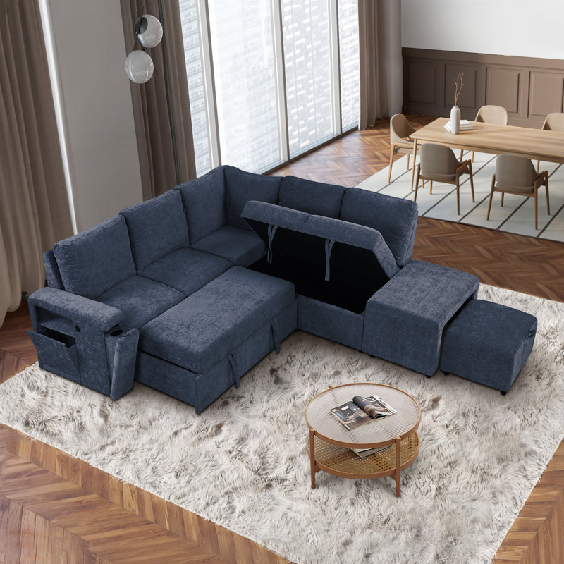 Canapé modulaire avec rangement sous le siège, accoudoirs avec porte-gobelets et ports USB, repose-pieds de rangement dissimulé
