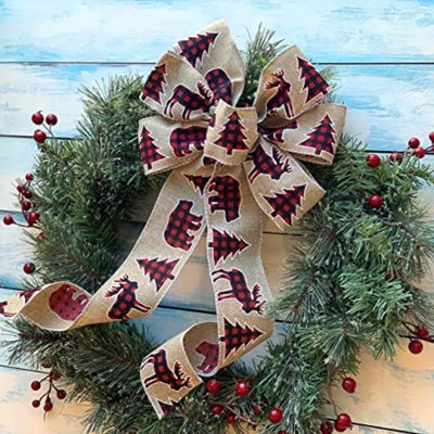 Moose Plaid Christmas Tree Bow - 10" Wide, 18" Long Pre-Tied Bow, Red Black Buffalo Plaid Design on Natural Ribbon, Festive Door Decoration, Winter Wreath, Garland, Swag, Garland, Boxing Day
