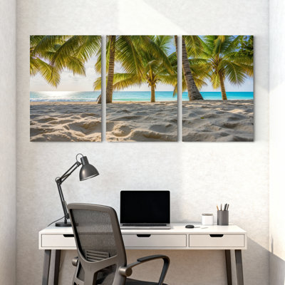 Palmiers, plage tropicale, palmiers, océan, sable, sable, soleil, horizon, ensemble de 3 impressions sur toile