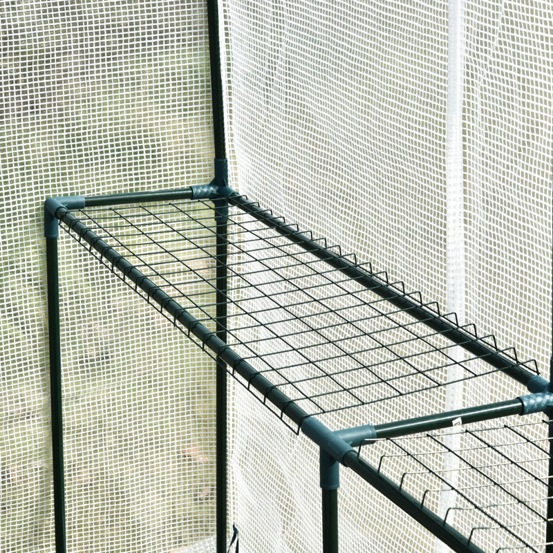 White Steel Walk-In Greenhouse with Shelves and Roll-Up Door