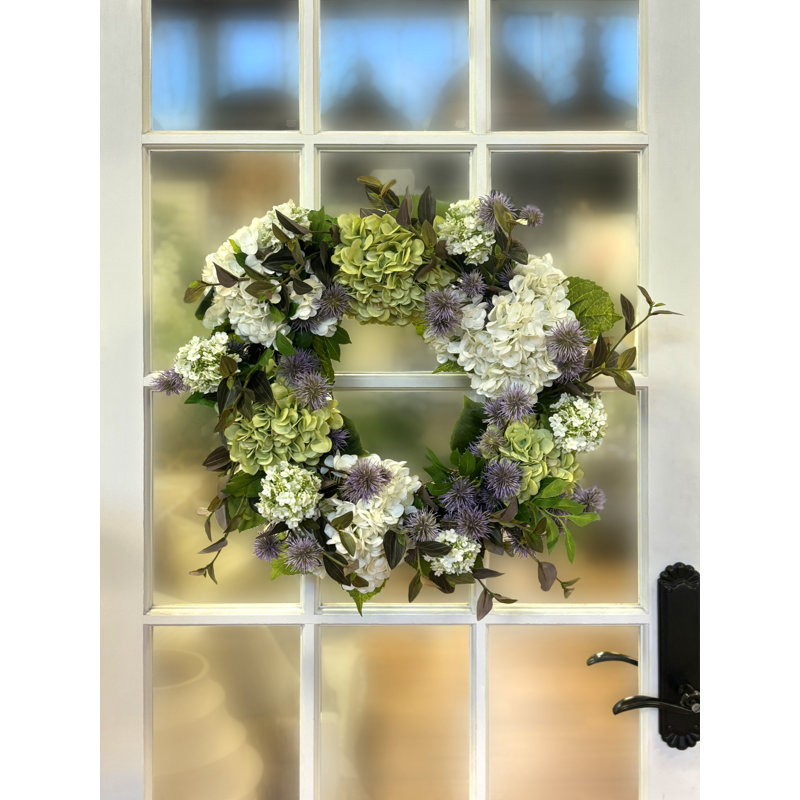 22" Spring Wreath and Floral Arrangement with Hydrangeas and Thistle