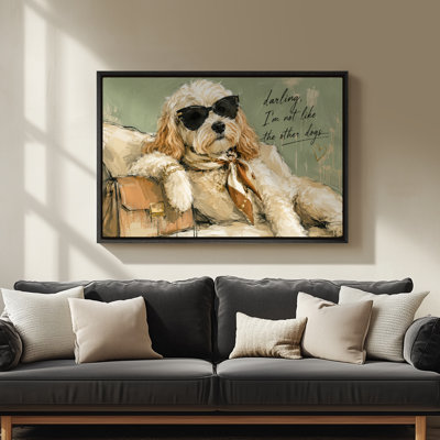 Framed Canvas Wall Art - Stylish Dog Wearing Sunglasses on Sofa Portrait - 16"x24", 24"x36"
