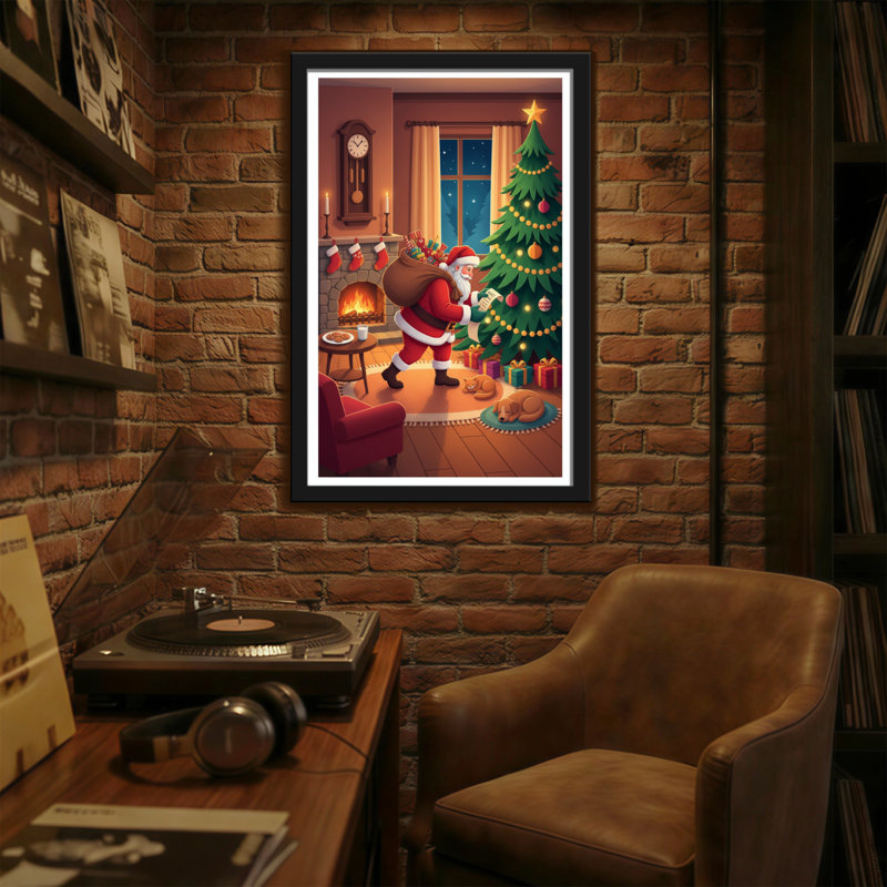 Noël, père Noël, arbre de Noël, cheminée, cadeaux, bas, chat, H 24 po x l 16 po