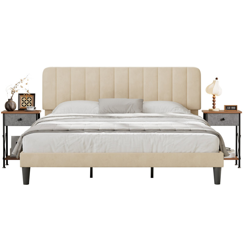 Ensemble de chambre à coucher 3 pièces, lit plateforme tapissier avec 2 tables de chevet, 2 meubles de chambre à coucher en velours de ferme classique, aucun sommier nécessaire, assemblage facile