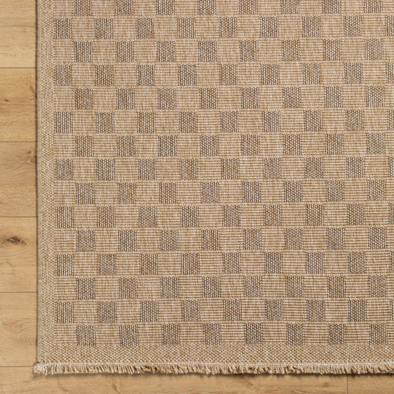 Jin Boho Jute-Look Checkered Light Brown Area Rug, Rectangle 120 x 170cm