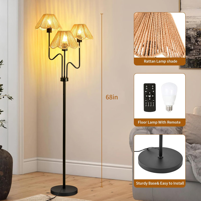 Lampe sur pied en rotin Boho avec télécommande, lampe d'arbre réglable à 3 lumières, ampoules à DEL à intensité variable, parfaite pour le salon et la chambre à coucher
