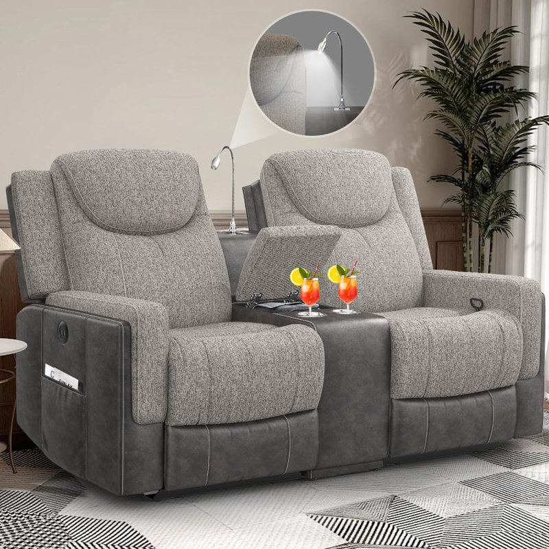 Canapé manuel inclinable manuel avec lampe de lecture, tissu chic et similicuir avec console de rangement, porte-gobelets, ports USB pour salon / véhicule récréatif