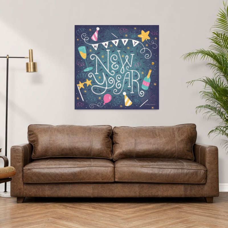 Art contemporain «Happy New Year» avec ballons, H 36 po x l 36 po
