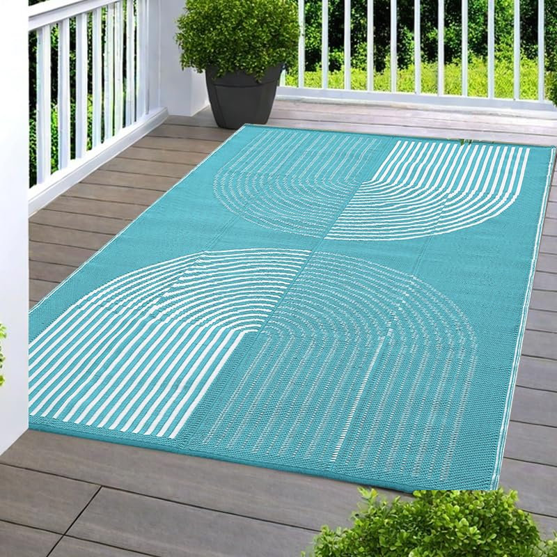 Outdoor Rug 9x12 Waterproof, Reversible Plastic Straw Rug Patio Rug, Modern Outside Grass Mat for Camping Backyard Deck & RV, Blue/White