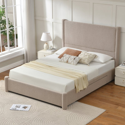 Juanetta 51.8" High Headboard Upholstered Platform Bed With 2 Large Wooden Storage Drawers, Beige, Queen Size