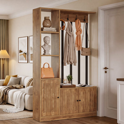 71-Inch Freestanding Room Divider with Shelves & Bench, Room Partition with 3 Cubbies, 2 Cabinets & 4 Coat Hooks, Walnut