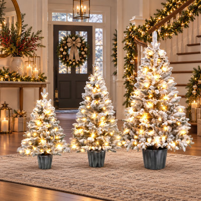 Set of 3 Pre-Lit Snow-Flocked Artificial Christmas Trees with Warm White LED Lights, Decorative Potted Holiday Trees