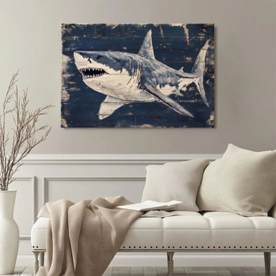 1Pc Framed Canvas Poster Print Shark pattern, open mouth showing teeth, vintage wooden board oil painting style Wall Art Decor, Perfect for Room Decor Living Room Bedroom Office Kitchen Bathroom Home Decor, Ideal Home Wall Decoration Gift