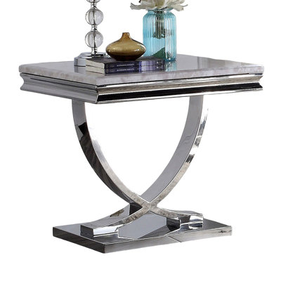 Table de bout 1Pc de style moderne glam 18mm en faux marbre sur une base piédestal en acier inoxydable Structure en métal Chroma Table basse - non incluse
