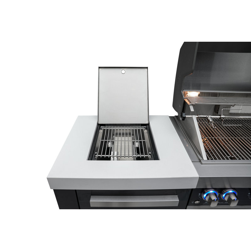 Mont Alpi 6-Burner 90 Degree Black Stainless Steel Island Barbecue Gas Grill + Compact Refrigerator