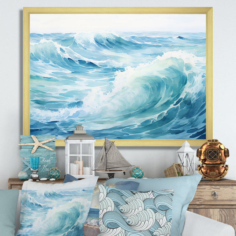 «Blue Ocean In Motion Scenery IV», reproduction sur toile, Cadre doré simple, H 34 po x l 44 po x P 1,5 po