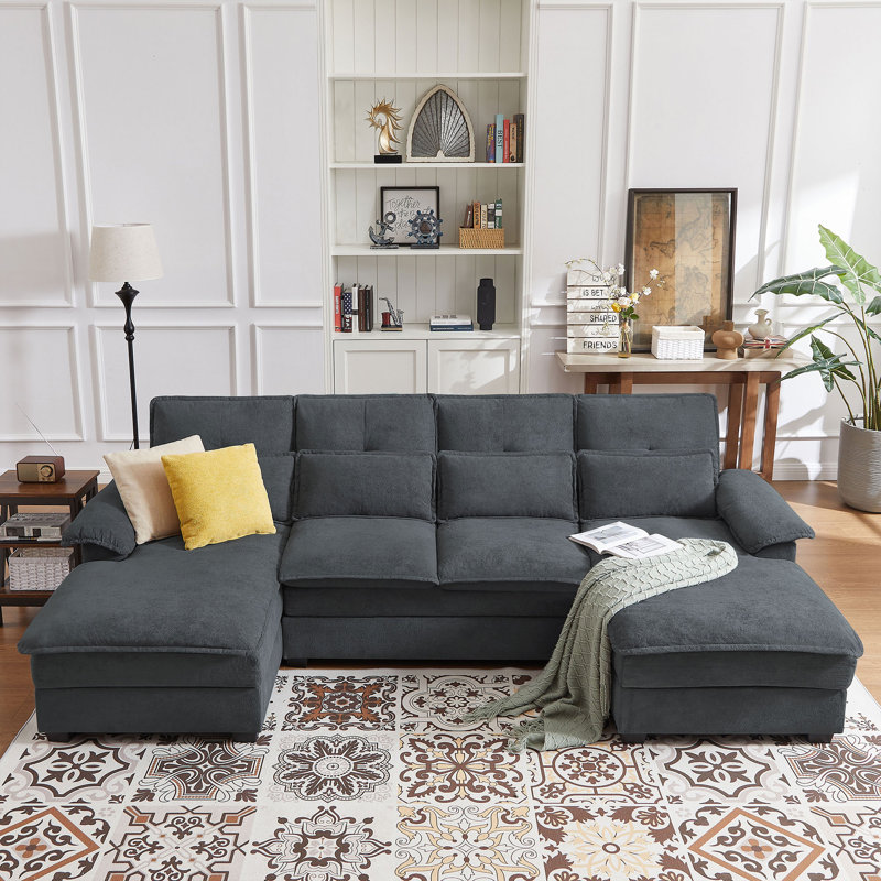 109.84" U Shaped Double Layer Soft Sofa with Toss Pillows, Gray Fabric
