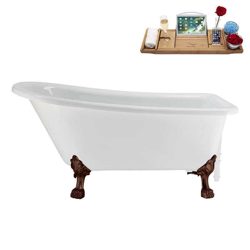 58" Streamlin Clawfoot Tub,Tray,Drain, Clawfeet, Oil Bronze, Glossy White