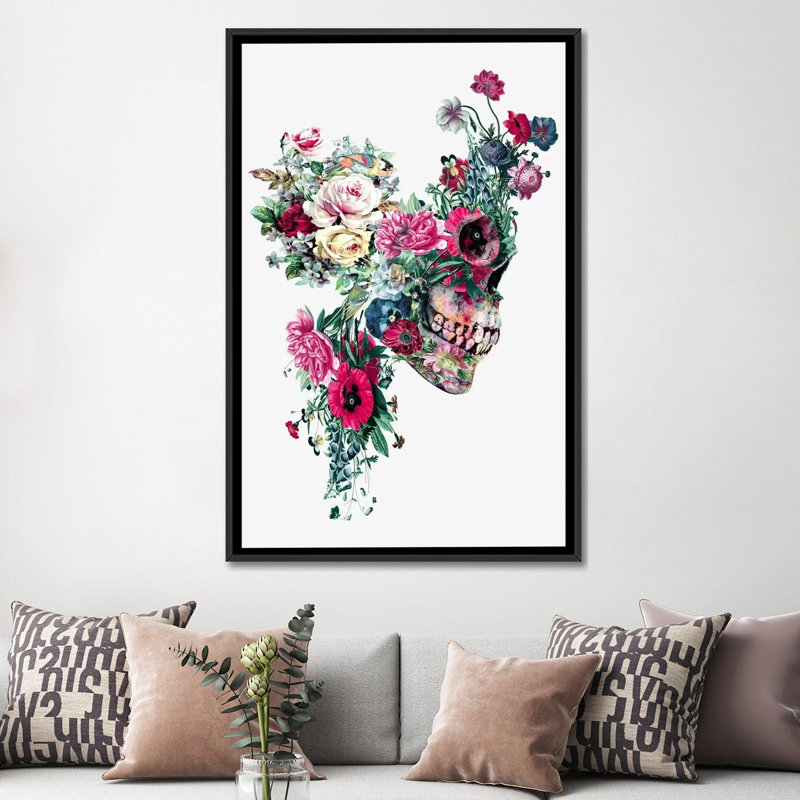 « floral crâne series », reproduction d’impression sur toile, H 48 po x l 32 po x P 1,5 po, Toile avec cadre noir