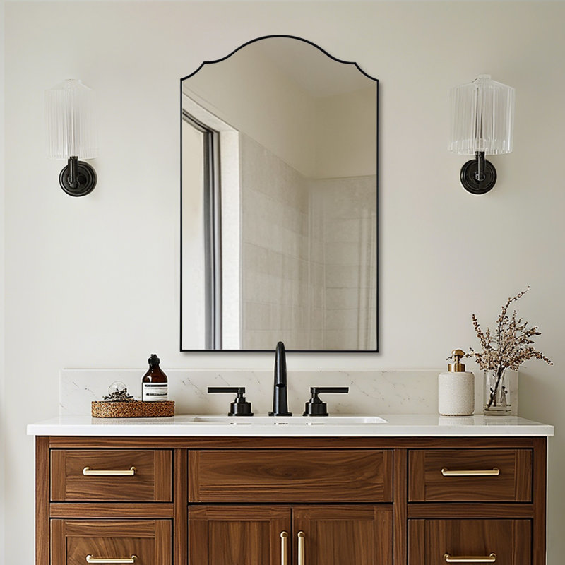 Scalloped Arch Bathroom Vanity Mirror with Curved Top | Stainless Steel Frame, Matte Black, 35" x 22"