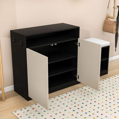 Multifunctional Shoe Bench – Shelves, Hooks & Wavy Textured Finish