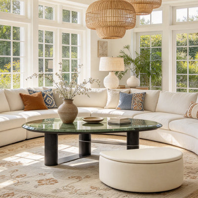 Ensemble de table basse luxueuse en marbre ovale avec repose-pieds de rangement, table de salon moderne avec plateau en marbre, placage en noyer noir et structure en acier inoxydable