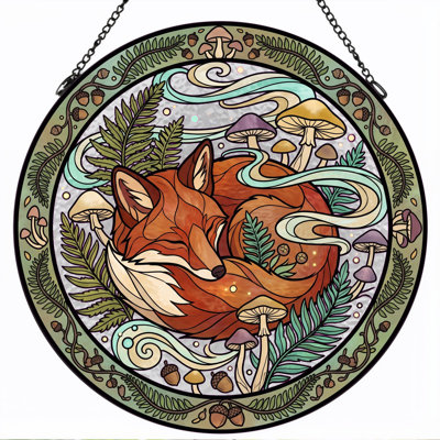 Sleeping Fox Stained Glass Window Panel，7.8H