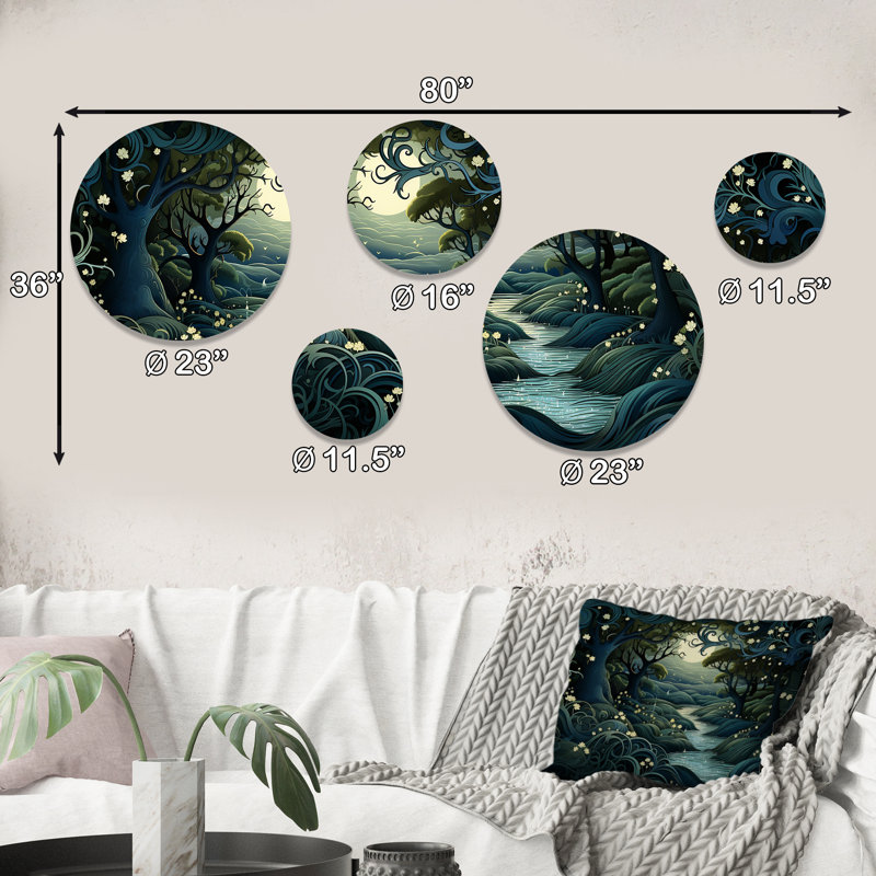 «Jungle River Collage At Night 2», ensemble d'art mural rond 5 pièces Jungle