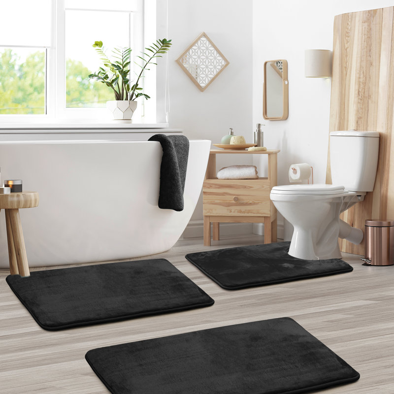 Aighan 3 Piece Ultra Soft and Absorbent Memory Foam Bath Rug Set with Non-Slip Backing, Black