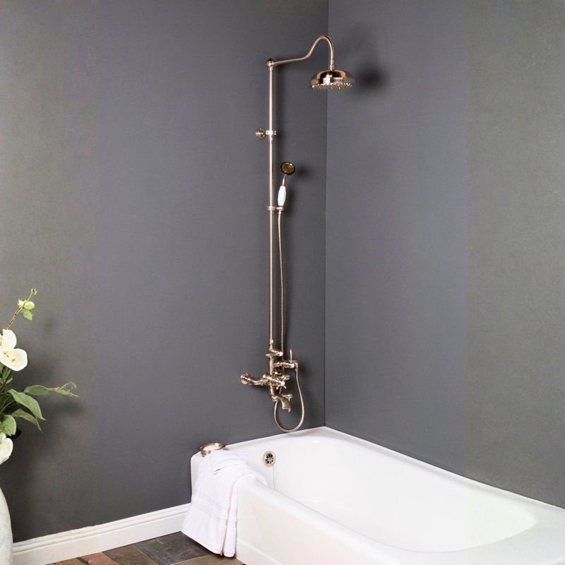Système de douche thermostatique exposé au mur 36 po avec douche à main et poignées levier / croix, Polished Nickel