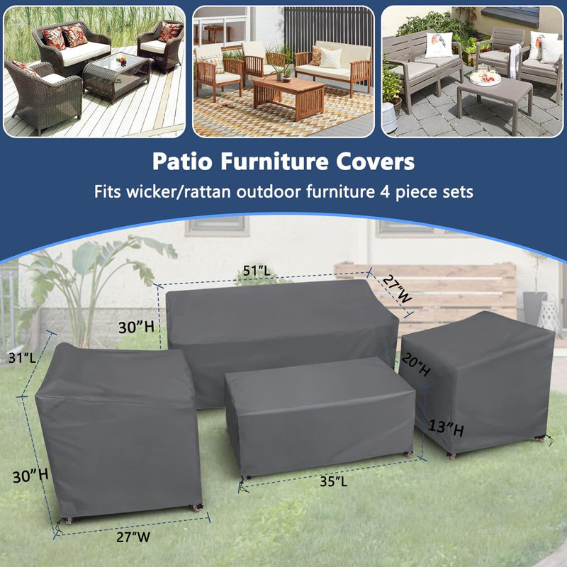 Heavy Duty Waterproof Patio Furniture Set Covers for 4 Pieces Outdoor Conversation Set, Gray, 13" H x 45" W x 25" D