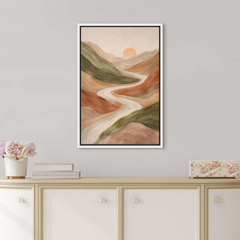 «Modern Abstract Desert Hills and Winding River Landscape», art mural encadré sur toile, H 24 po x l 16 po, Blanc