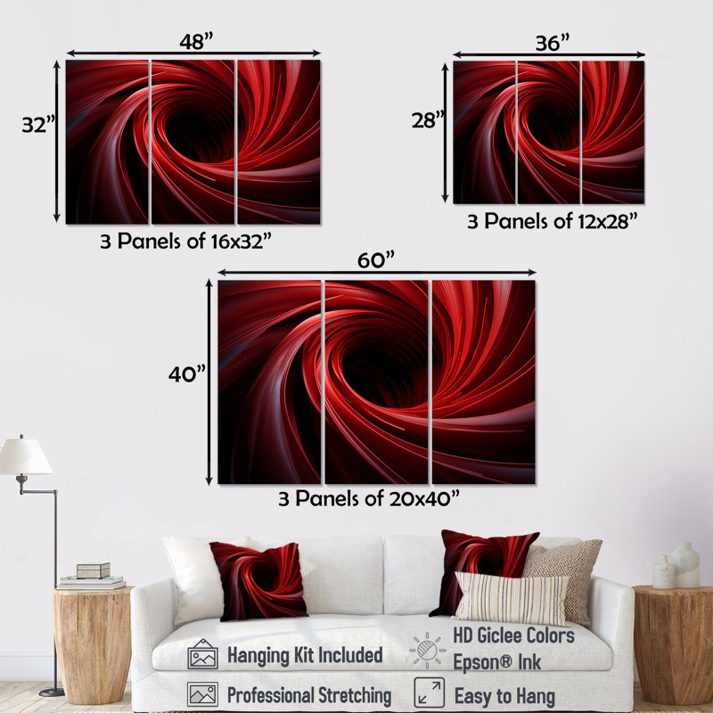 «Red Abstract Spiral Dreamscape II», art mural abstrait en spirale, Toile tendue, H 28 po x l 36 po x P 1 po