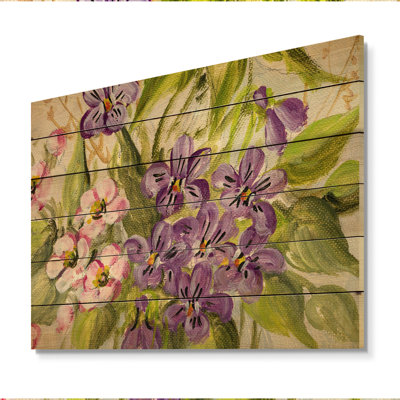 Nature morte aux fleurs mauves et vertes - Décoration murale traditionnelle en bois - Bois de pin naturel