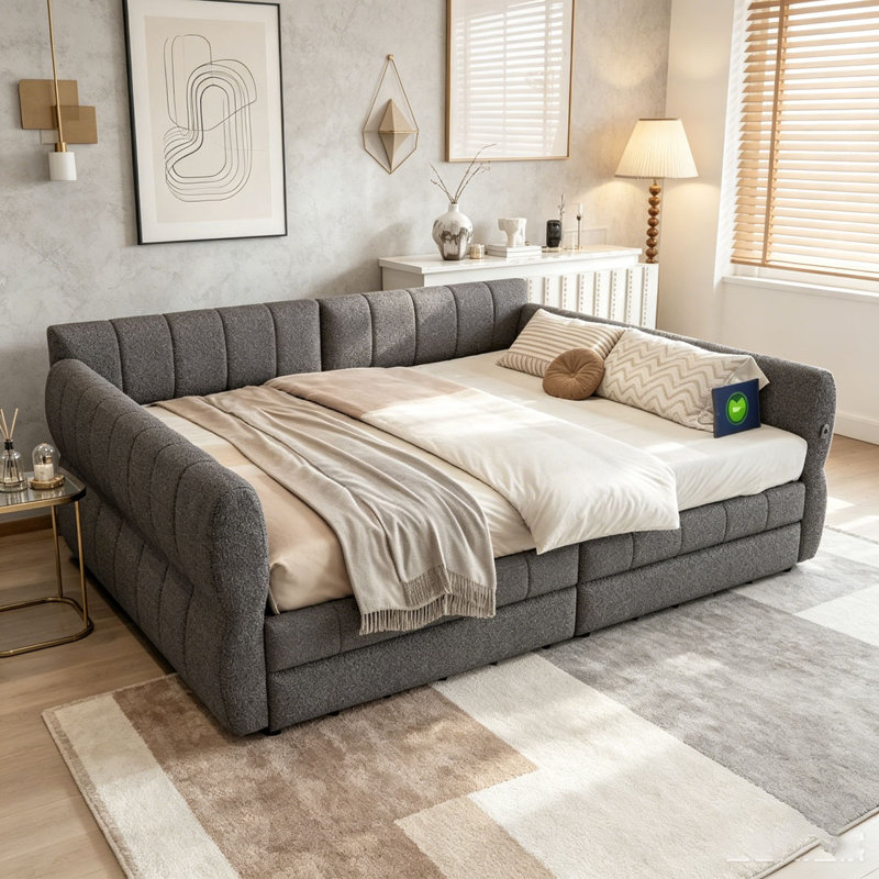 Lit plateforme tapissier, Gris et deux tiroirs, Très grand lit