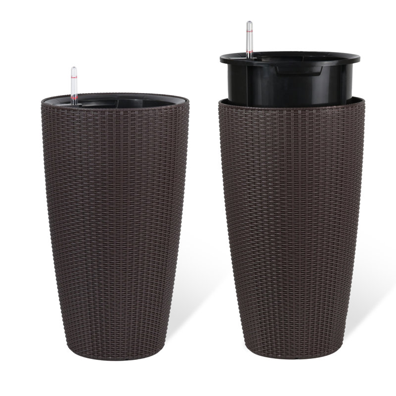 Set Of 2 Faux Rattan Tall Planters Outdoor Indoor Large Planters With Water Level Monitor Inner Bucket, Automatic Watering, Flower Plant Pots For Garden, Patio, Porch, Backyard (Brown, 22 Inch )