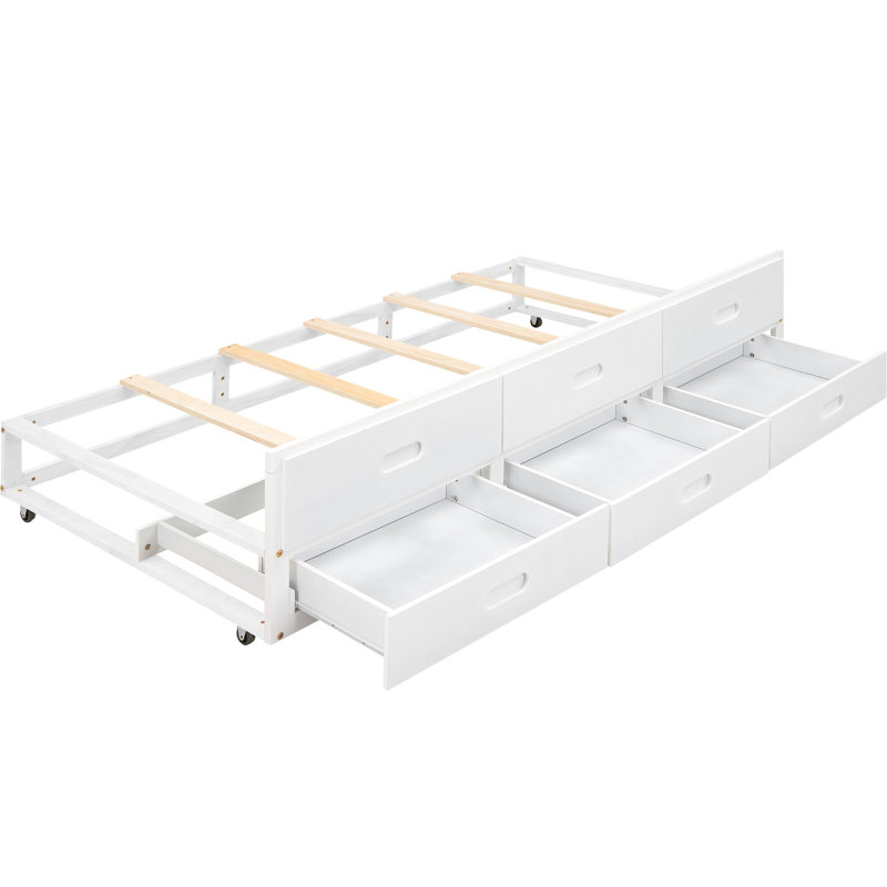 Lit plateforme avec lit gigogne, 3 tiroirs, tête de lit et prises USB, Blanc