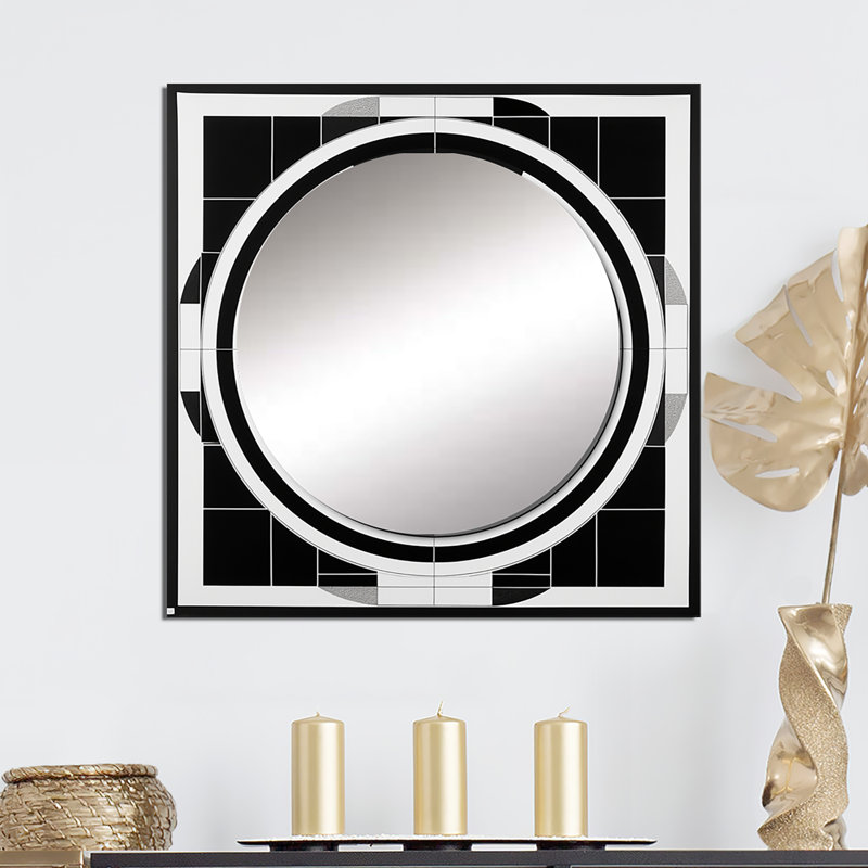 Bauhaus noir et blanc circulaire minimaliste - grand miroir géométrique carré pour décoration murale, 23 po x 23 po