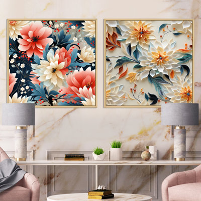 Coral And Beige Carnation Floral Pattern - Floral Square Collage Set Of 2